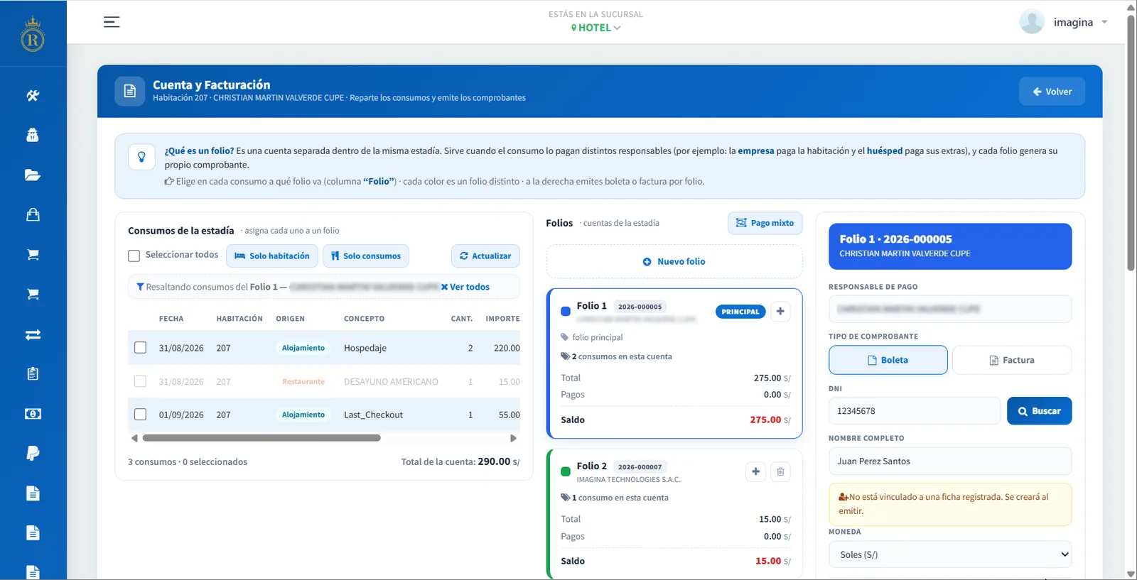 Pantalla de cuenta y facturación de SGI Hotelero, repartiendo los consumos de la estadía en dos folios con comprobantes distintos