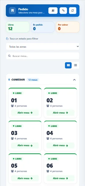 Punto de venta del restaurante en SGI Hotelero, con las mesas del comedor y su estado